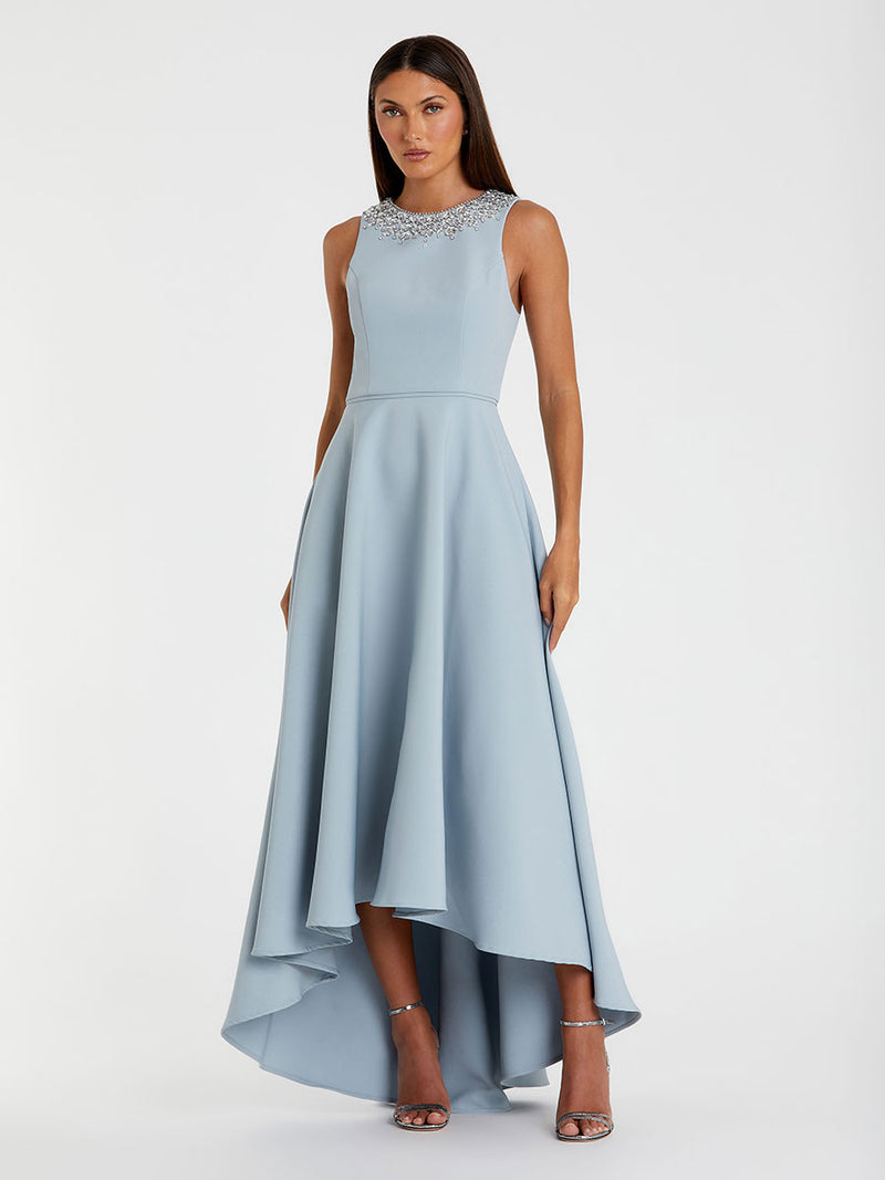 Blue Crepe Embellished Neck High Low Gown