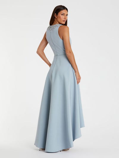 Blue Crepe Embellished Neck High Low Gown