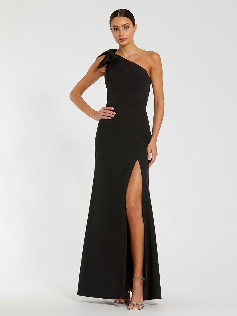 Black Crepe One Shoulder Fitted Evening Gown With Bow