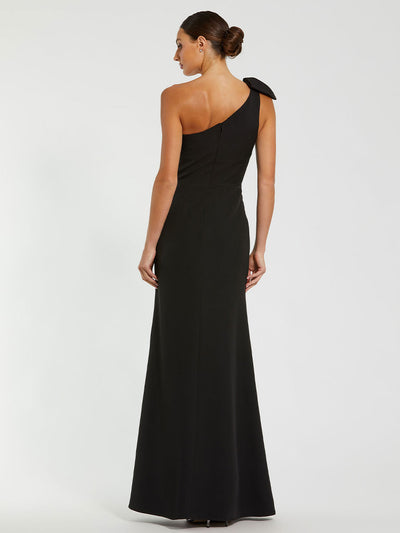 Black Crepe One Shoulder Fitted Evening Gown With Bow