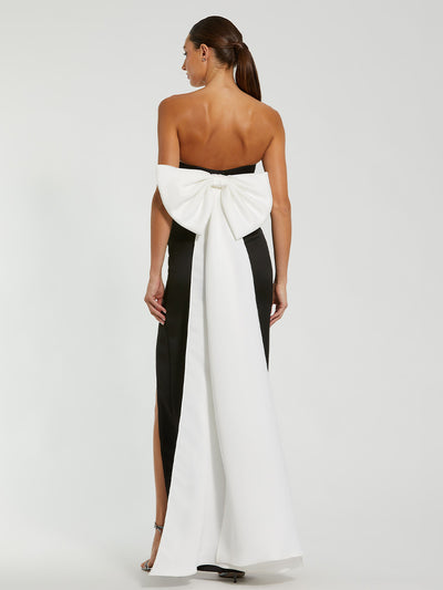 Black Satin Strapless Bustier Gown With Oversized Bow