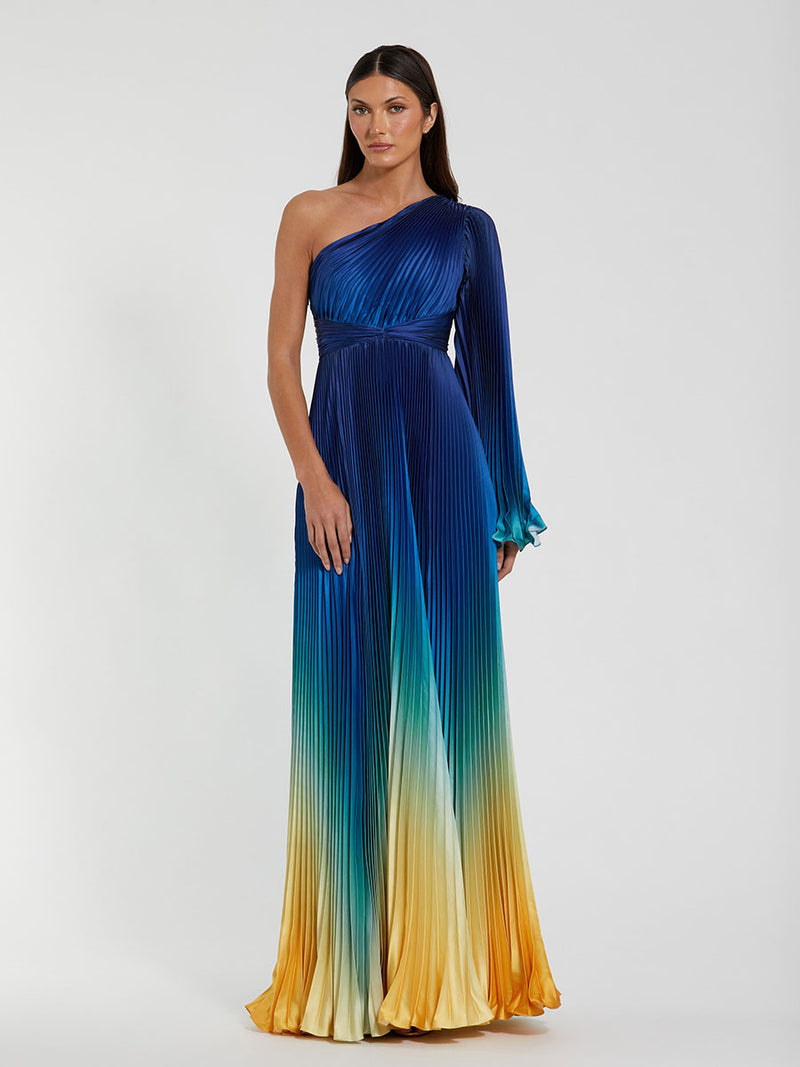 Blue Ombre Pleated Charmeuse One-Shoulder Gown