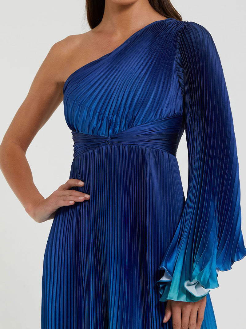 Blue Ombre Pleated Charmeuse One-Shoulder Gown
