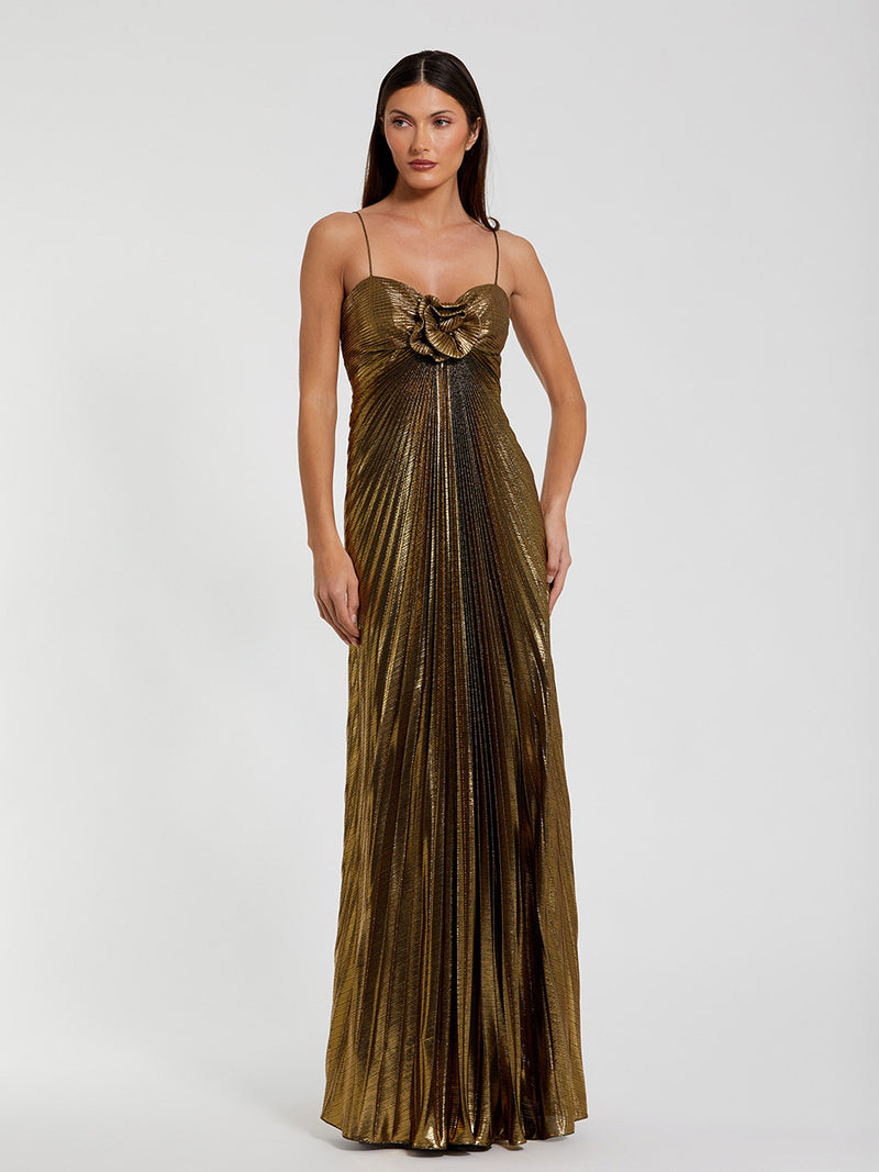 Gold Thin Strap Pleated Metallic Gown With 3D Flower
