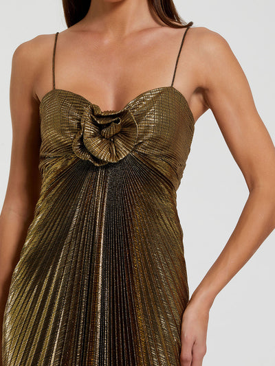 Gold Thin Strap Pleated Metallic Gown With 3D Flower