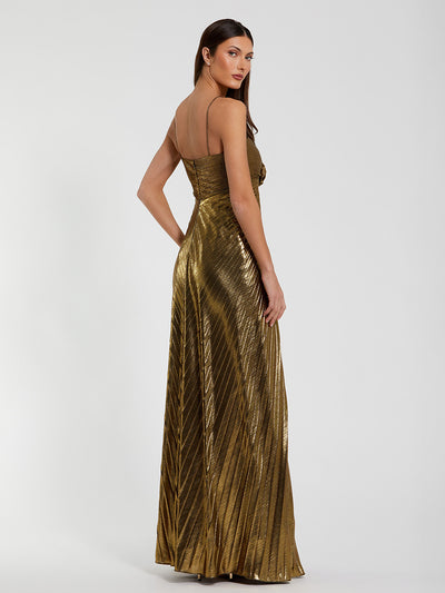 Gold Thin Strap Pleated Metallic Gown With 3D Flower