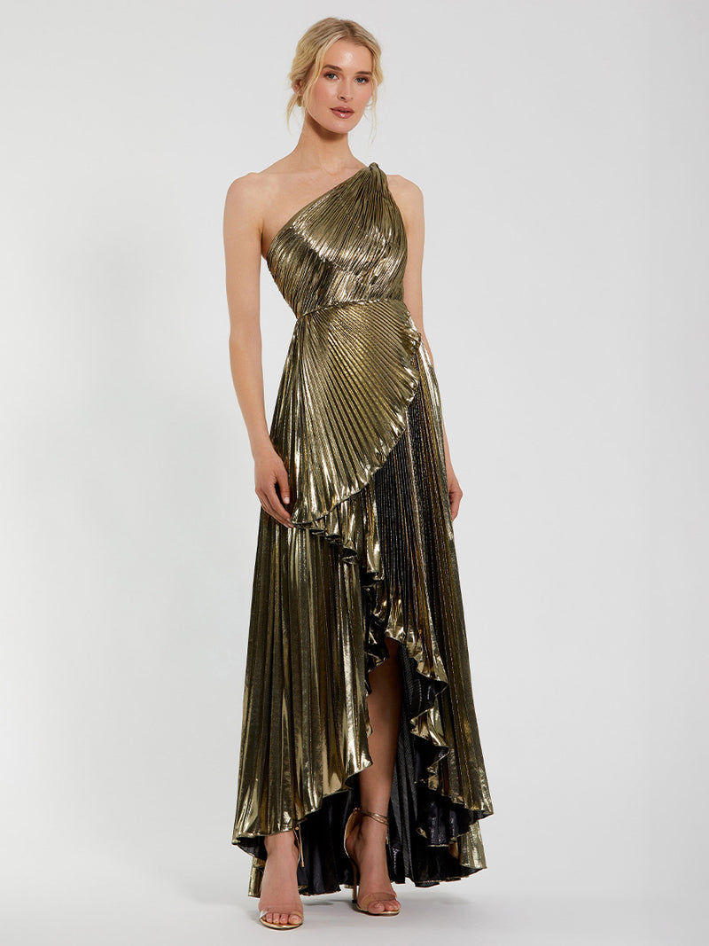 Gold Pleated Metallic One Shoulder High Low Gown