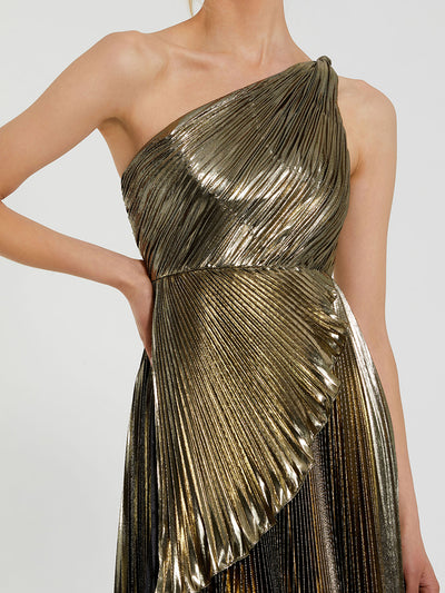Gold Pleated Metallic One Shoulder High Low Gown