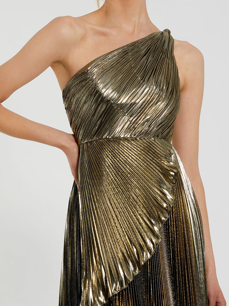 Gold Pleated Metallic One Shoulder High Low Gown