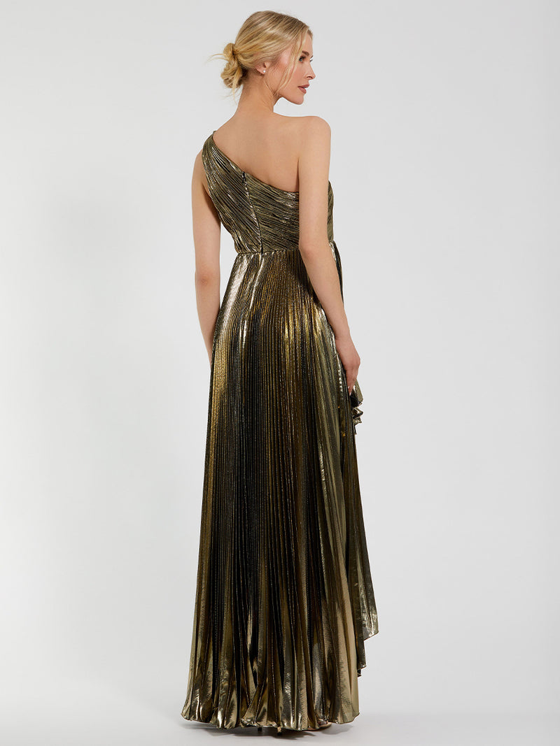 Gold Pleated Metallic One Shoulder High Low Gown