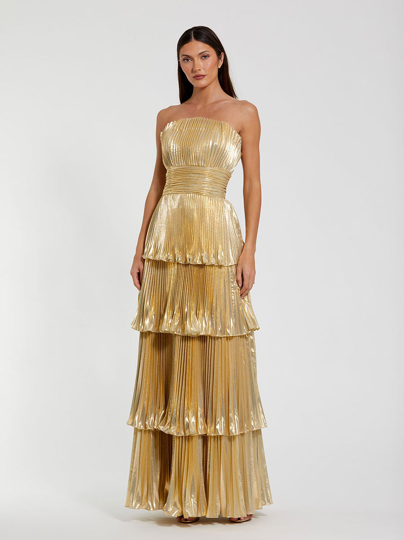 Gold Strapless Pleated Metallic Layered Ruffle Gown