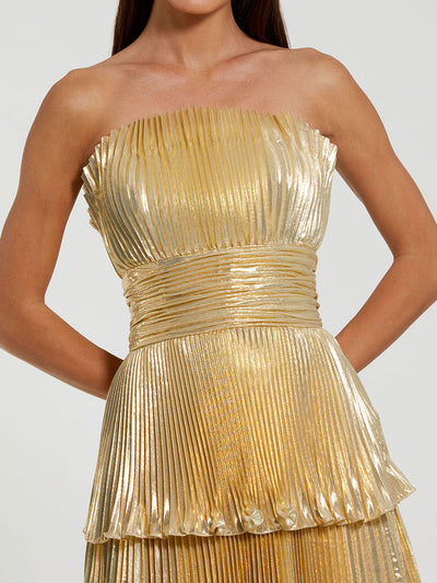 Gold Strapless Pleated Metallic Layered Ruffle Gown
