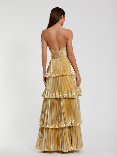 Gold Strapless Pleated Metallic Layered Ruffle Gown