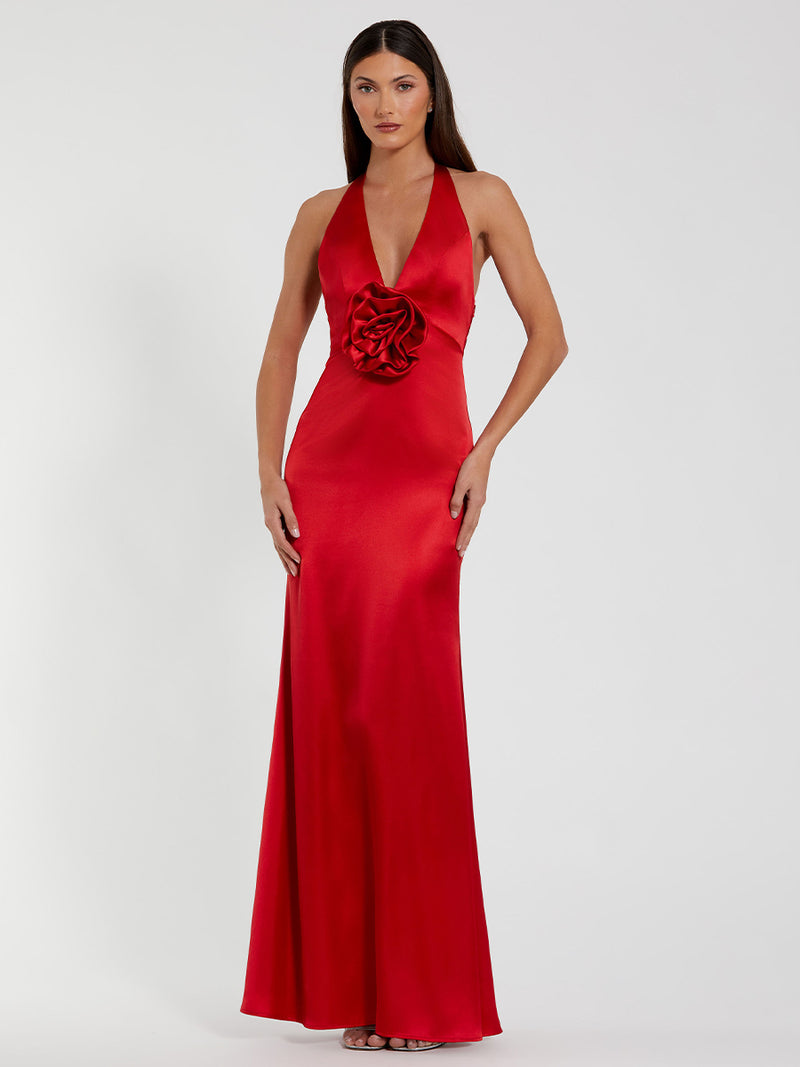 Satin Halter Slip Dress with Rosette Detail