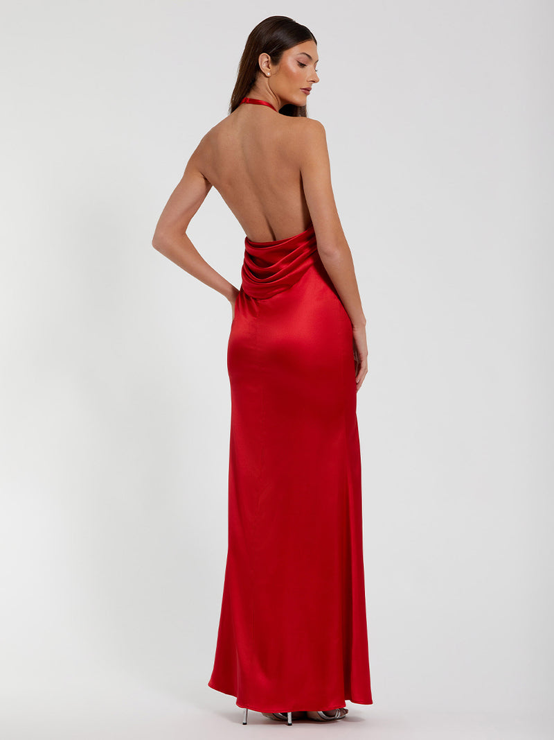 Satin Halter Slip Dress with Rosette Detail