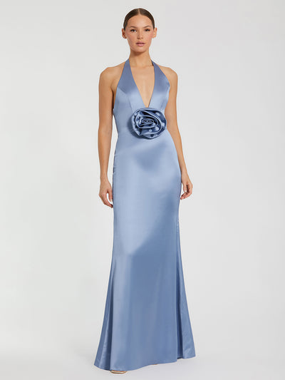 Satin Halter Slip Dress with Rosette Detail