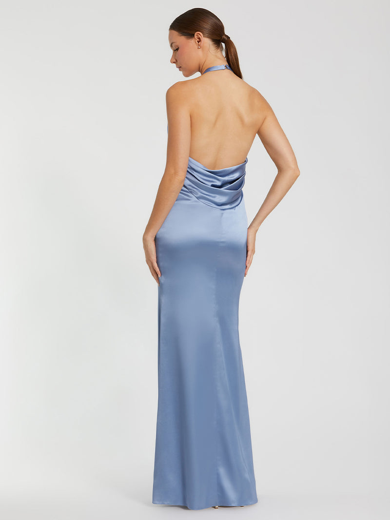 Satin Halter Slip Dress with Rosette Detail