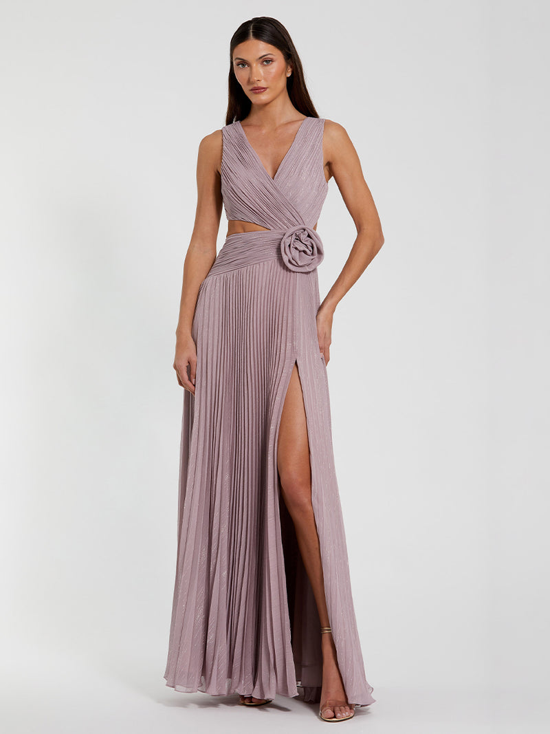 Purple Ruched Chiffon Sleeveless Gown With 3D Flower