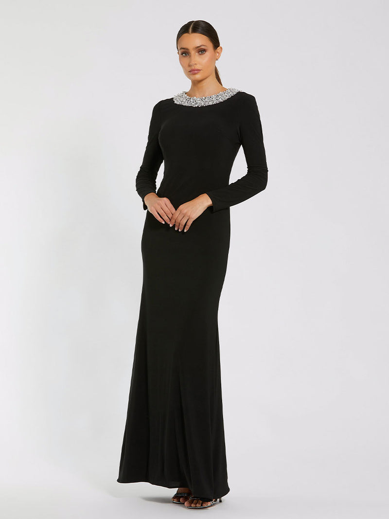 Black Jersey Long Sleeve Fitted Gown With Beaded Neck