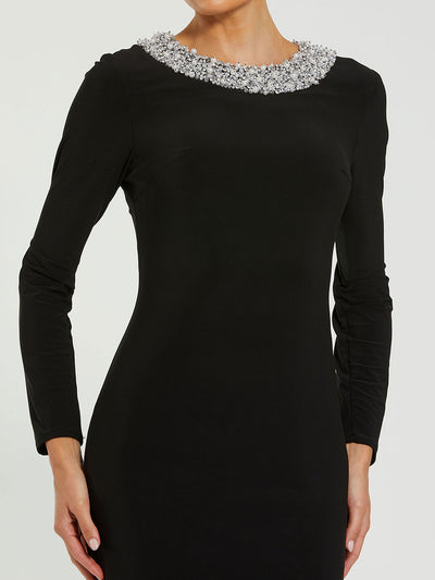 Black Jersey Long Sleeve Fitted Gown With Beaded Neck