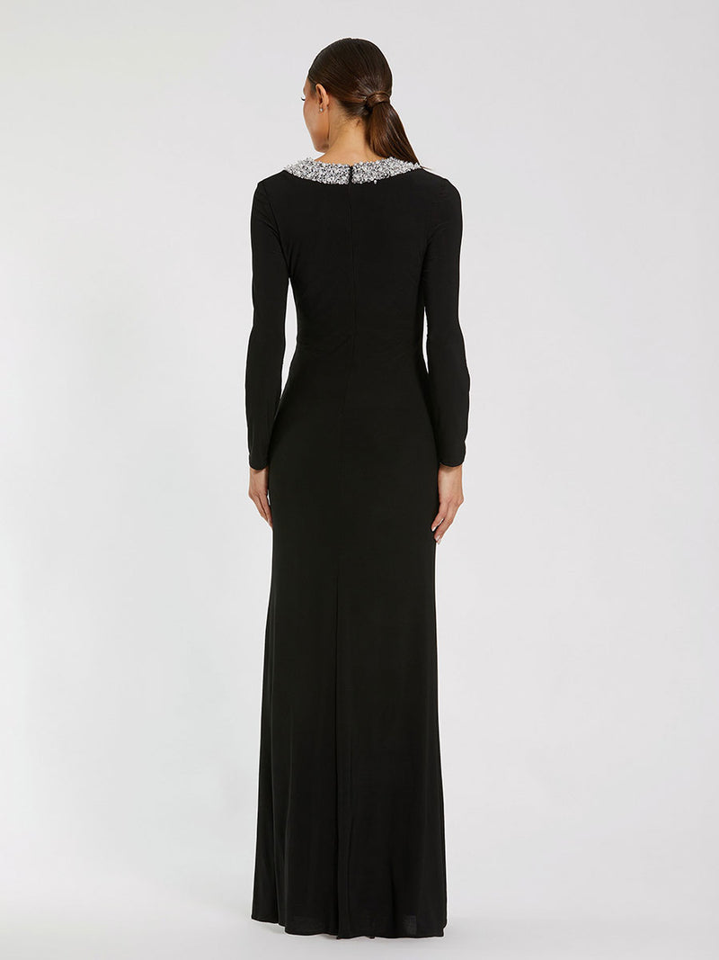 Black Jersey Long Sleeve Fitted Gown With Beaded Neck