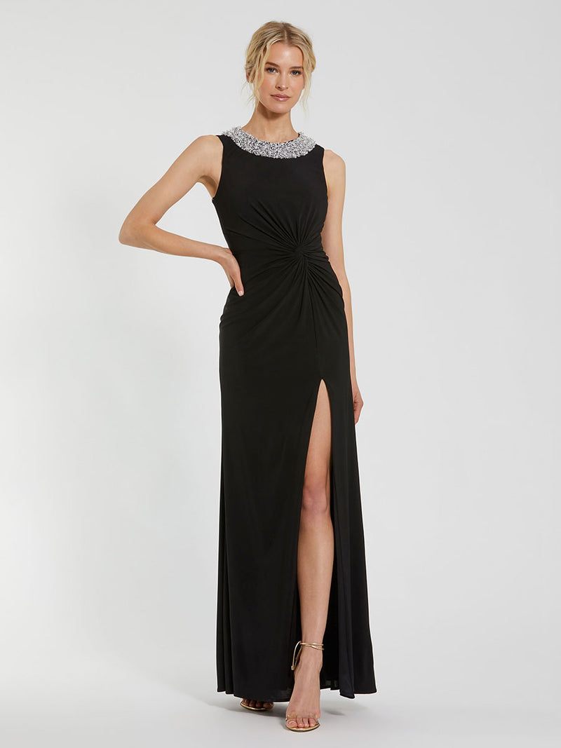 Black Jersey Sleeveless Beaded Neck Gown With Twist