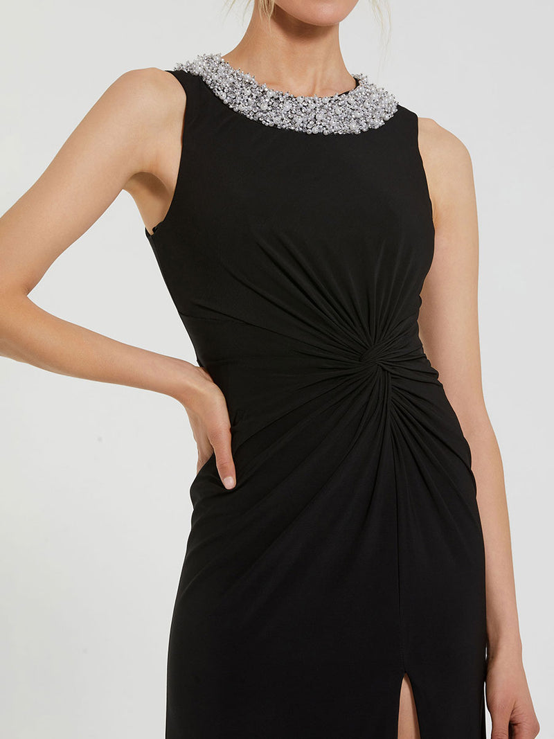 Black Jersey Sleeveless Beaded Neck Gown With Twist