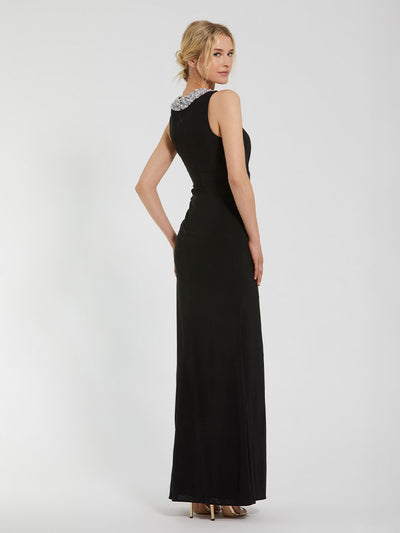 Black Jersey Sleeveless Beaded Neck Gown With Twist