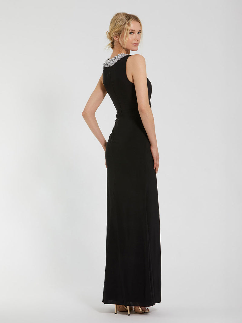 Black Jersey Sleeveless Beaded Neck Gown With Twist