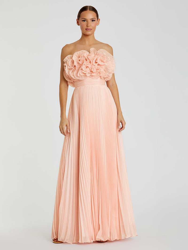 Pink Pleated Chiffon Strapless Gown With Ruffles