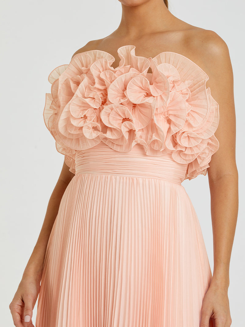 Pink Pleated Chiffon Strapless Gown With Ruffles