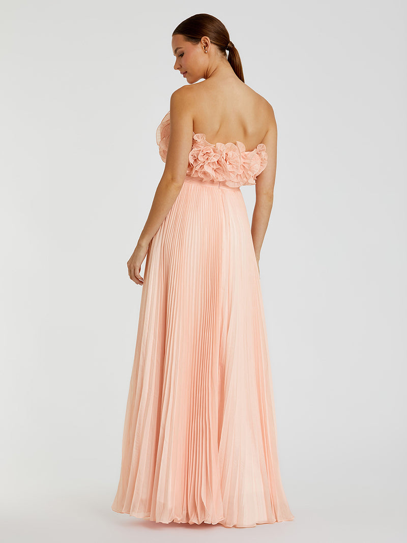 Pink Pleated Chiffon Strapless Gown With Ruffles
