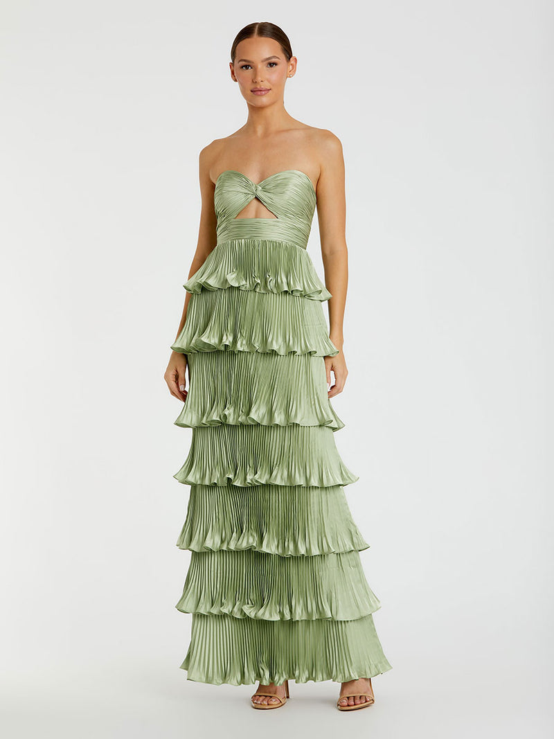 Green Pleated Charmeuse Strapless Tiered Ruffle Gown