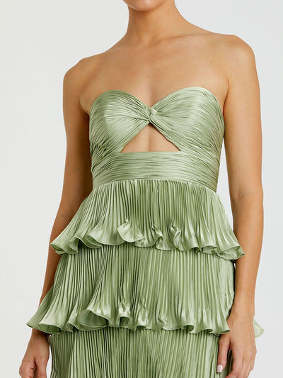 Green Pleated Charmeuse Strapless Tiered Ruffle Gown