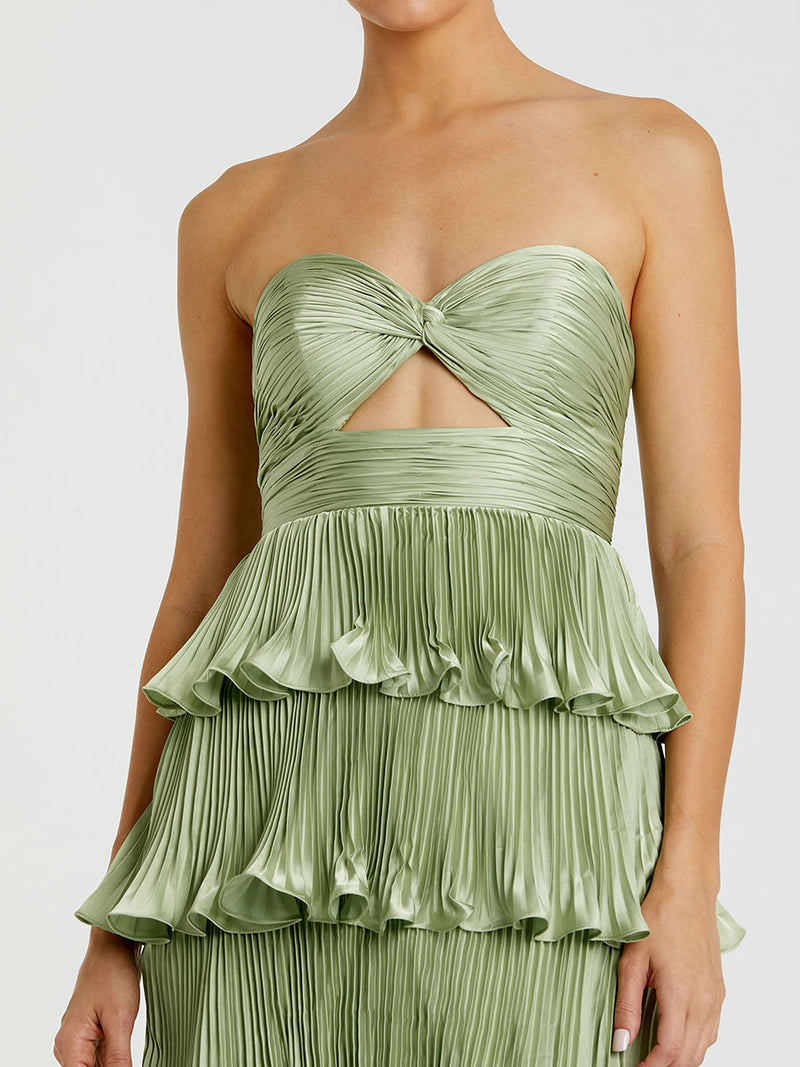 Green Pleated Charmeuse Strapless Tiered Ruffle Gown