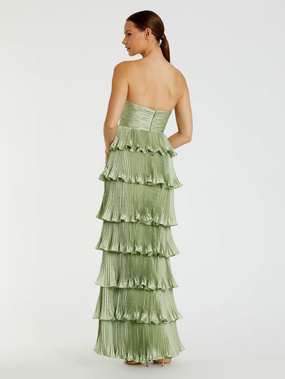 Green Pleated Charmeuse Strapless Tiered Ruffle Gown