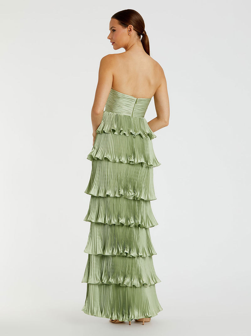Green Pleated Charmeuse Strapless Tiered Ruffle Gown