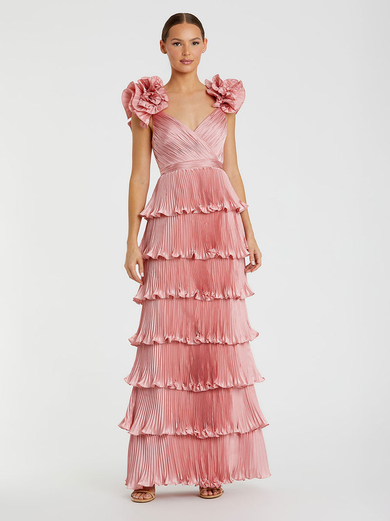 Pink Pleated Charmeuse Tiered Gown With Ruffle Straps