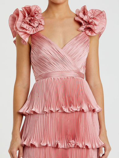 Pink Pleated Charmeuse Tiered Gown With Ruffle Straps