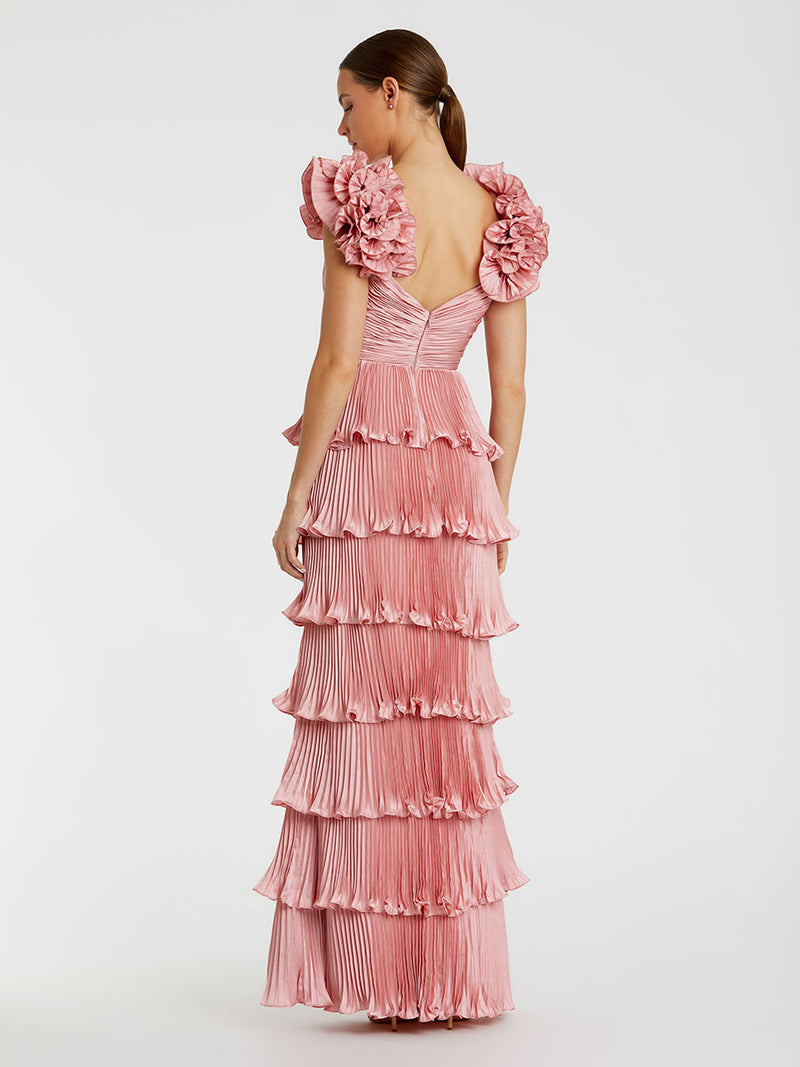 Pink Pleated Charmeuse Tiered Gown With Ruffle Straps