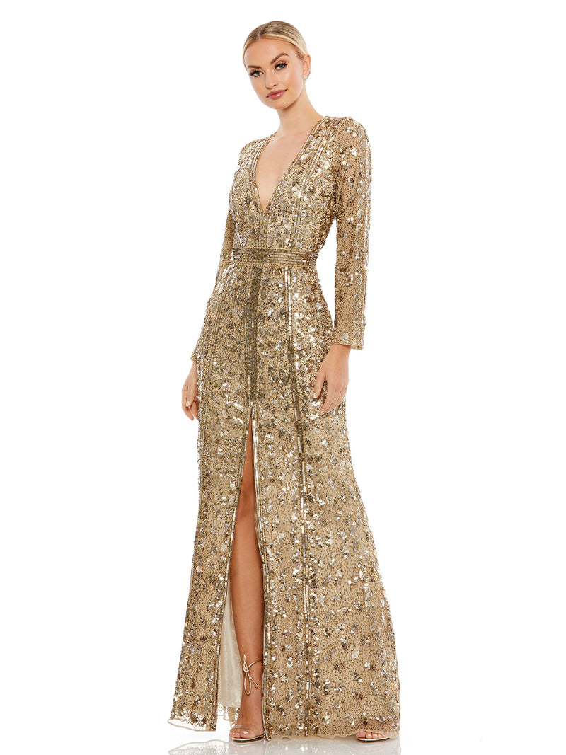 Embellished Front Slit Long Sleeve Gown