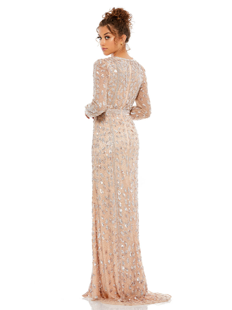 Embellished Front Slit Long Sleeve Gown