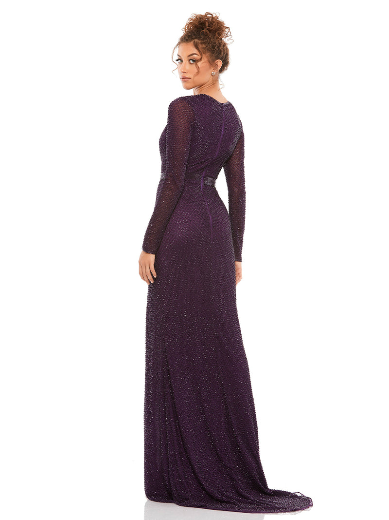 Beaded High Neck Long Sleeve Gown With Detailed Belt