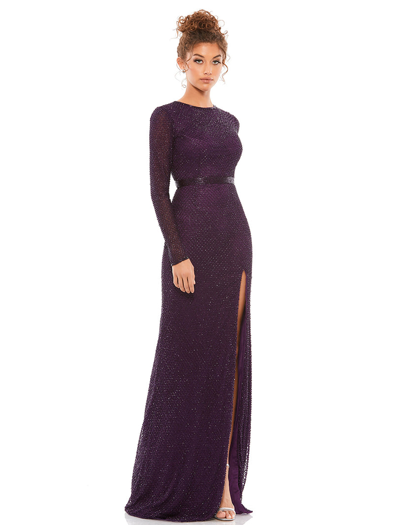 Beaded High Neck Long Sleeve Gown With Detailed Belt