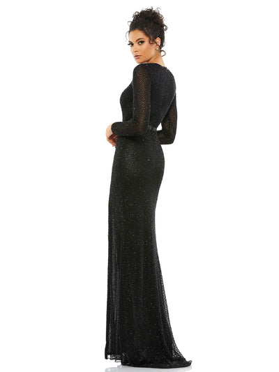 Beaded High Neck Long Sleeve Gown With Detailed Belt