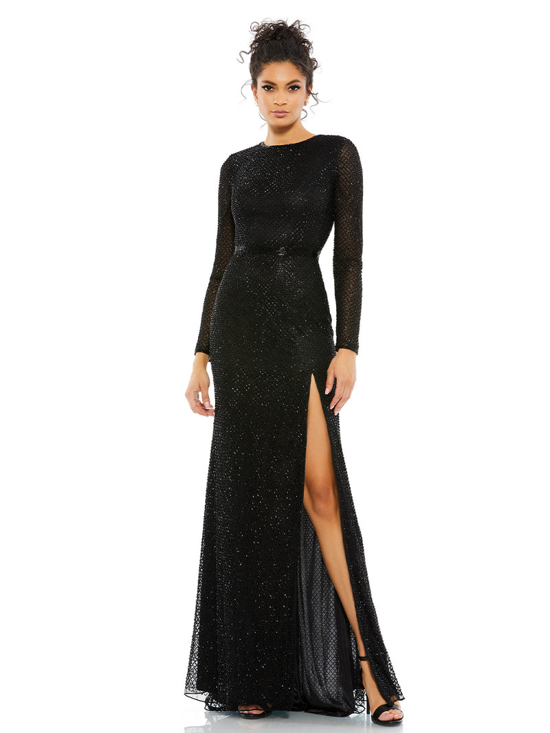 Beaded High Neck Long Sleeve Gown With Detailed Belt