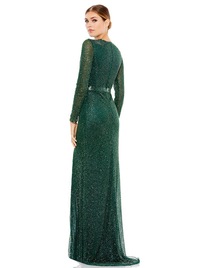 Beaded High Neck Long Sleeve Gown With Detailed Belt