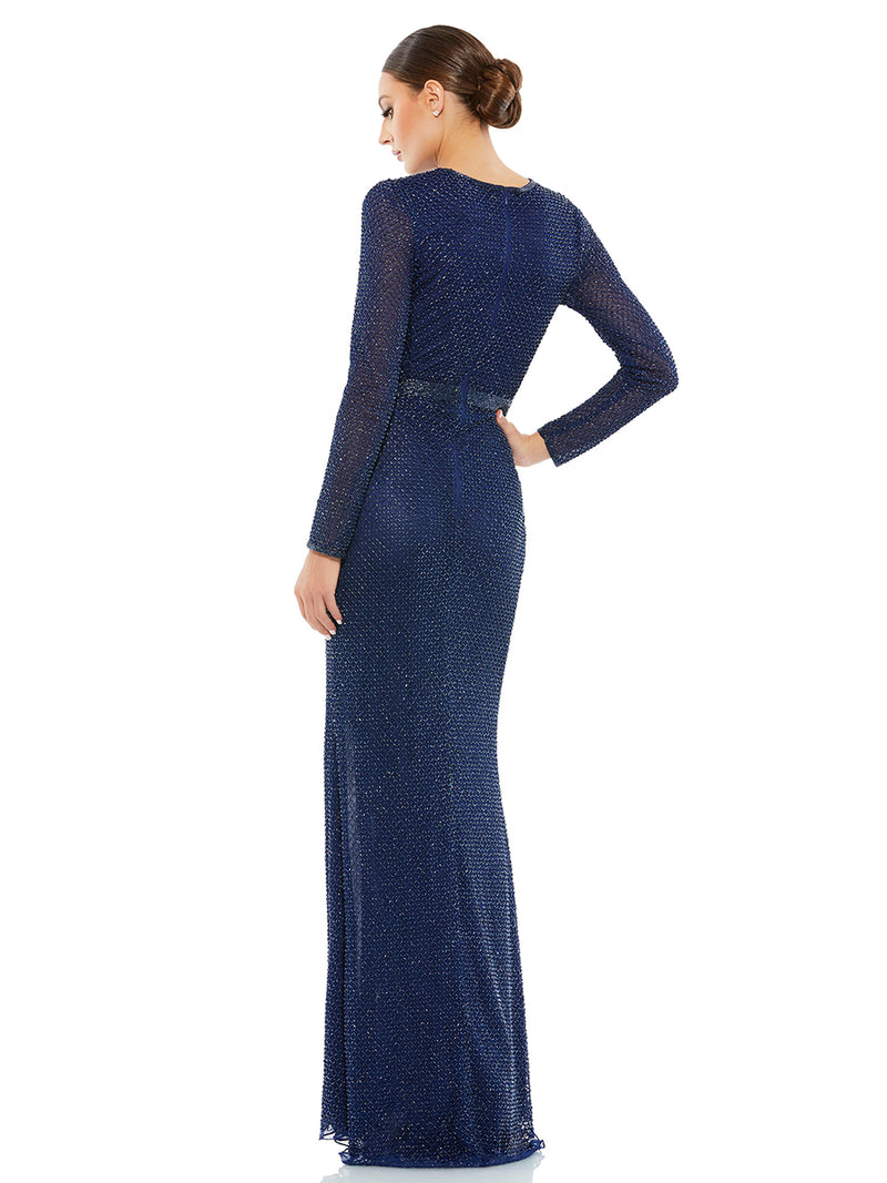 Beaded High Neck Long Sleeve Gown With Detailed Belt