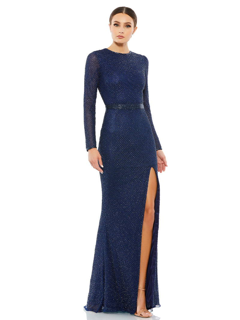 Beaded High Neck Long Sleeve Gown With Detailed Belt