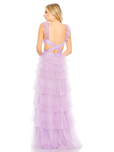 Purple Ruffle Tiered Tulle Cut Out Gown